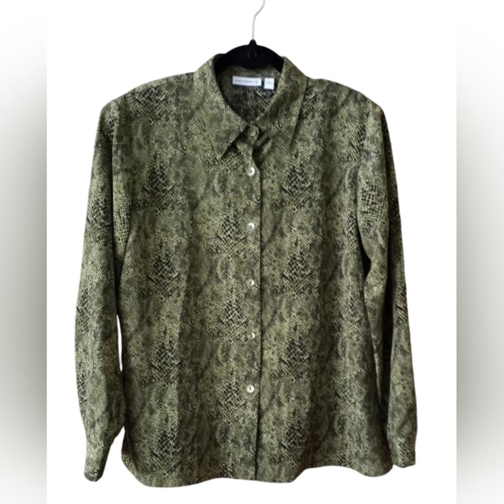 Susan Graver Large Animal Print Peach Skin Big Shirt Side Slits Size Green Black